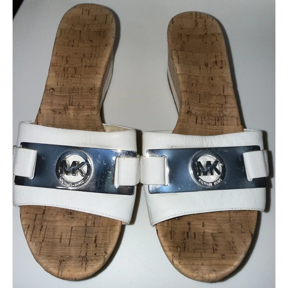 Michael Kors White Leather Cork Wedge Platform Sandals MK Logo Slides size 6
